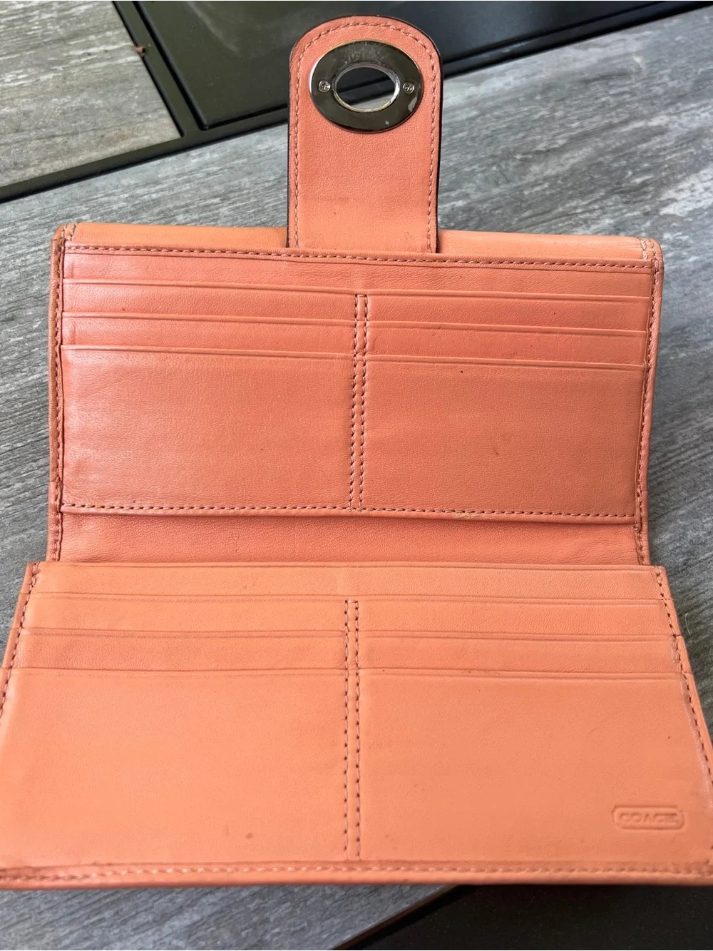 Coach Peach Leather Turn-Lock Wallet with Snakeskin Accent